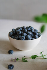Fresh ripe blueberry in ivory bowl with mint leaves 