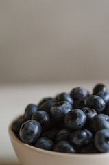 Dark macro of fresh blueberry in ivory bowl. Concept for healthy eating and nutrition. Antioxidant organic superfood