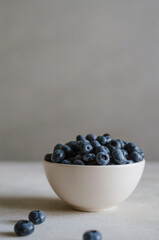 Fresh blueberry in ivory bowl on dark grey background. Freshness of sweet ripe berries