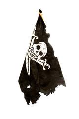 Torn and shabby black pirate flag Jolly Roger isolated on white background