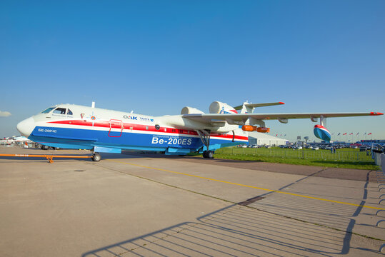 ZHUKOVSKY, RUSSIA - AUGUST 30, 2019: Amphibian aircraft BE-200ES "Konstantin Babich" 