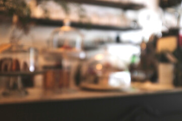 Blur interior of rustic kitchen in restaurant and napkin and desk space