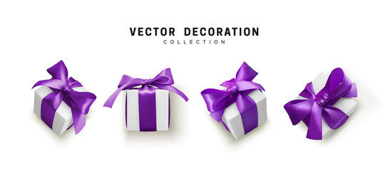 Set of gifts box. Collection realistic gift presents view top, side perspective view. Celebration decoration objects. Isolated on white background. vector illustration