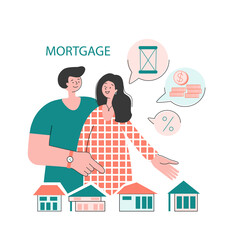 Obraz na płótnie Canvas The family buys a house with a mortgage. A young couple chooses a home. House Loan, Rent and Mortgage Concept. Flat Vector Illustration.