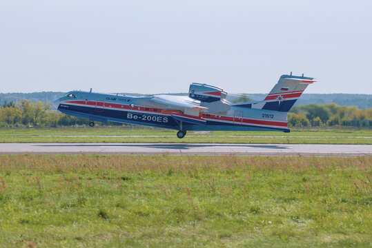 ZHUKOVSKY, RUSSIA - AUGUST 30, 2019: The amphibious aircraft BE-200ES "Constantine Babich" on take-off