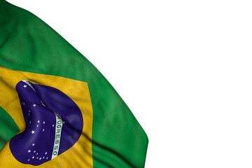 wonderful Brazil flag with big folds lie in bottom left corner isolated on white - any occasion flag 3d illustration..