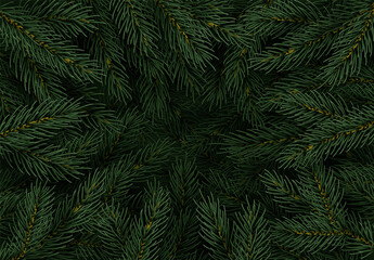 Naklejka na ściany i meble Christmas tree branches. Festive Xmas border of green branch of pine. Pattern pine branches, spruce branch. Realistic design decoration elements. Vector illustration