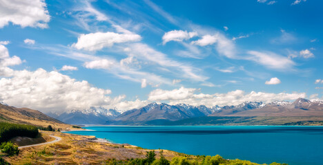 Spectacular alpine scenery at Lake Pukaki, a glacial lake in Mount Cook National Park in New Zealand's South Island, one of the iconic tourist destinations.