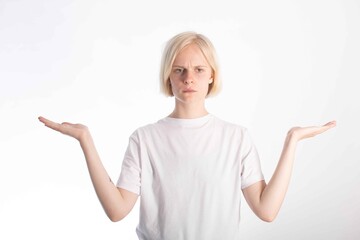 portrait of a young girl with her arms spread in different directions. space for text