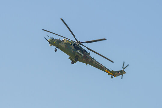 ZHUKOVSKY, RUSSIA - AUGUST 30, 2019: Russian Mi-35M helicopter in flight