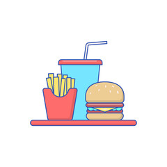 Burger, french fries and soda vector illustration with colorful design isolated on white background 