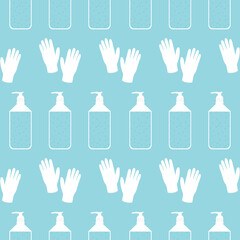 Vector seamless pattern background with bottles of hand sanitizer gel and rubber gloves.