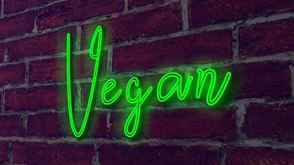 Fototapeta premium Vegan green color neon fluorescent tubes signs on a brick wall. 3D rendering, illustration, poster, banner. Inscription, concept on gray wooden wall background.