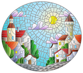 Illustration in stained glass style, urban landscape,roofs and trees against the day sky and sun, oval image