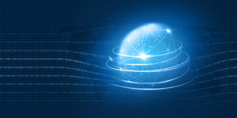 Abstract Blue Minimal Style Cloud Computing, Networks, Telecommunications Concept Design with Polygonal Mesh, Glowing Lines of Binary Code and Earth Globe - Vector Illustration