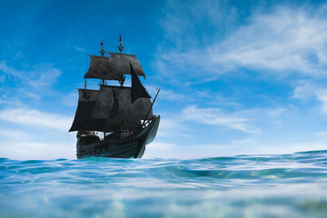  ( 3D illustration, Rendering ) VIntage black pirate ship sailing at sea.