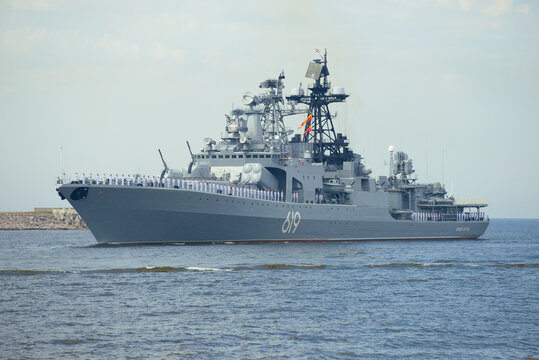 KRONSTADT, RUSSIA - JULY 28, 2019: Large anti-submarine ship "Severomorsk" takes part in a military parade in honor of Navy Day
