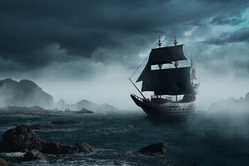 (Illustration 3D, Rendu) Vintage bateau pirate noir naviguant en mer.