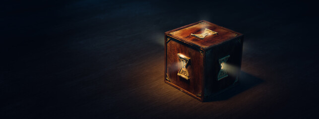 (3D Rendering, Illustration) Mysterious locked box with keyholes on a dark background - obrazy, fototapety, plakaty