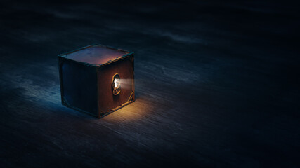 (3D Rendering, Illustration) Mysterious locked box with light coming through its keyhole on a dark background - obrazy, fototapety, plakaty