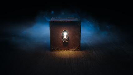 (3D Rendering, Illustration) Mysterious locked box with light coming through its keyhole on a dark background