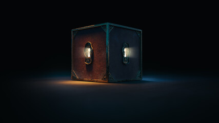 (3D Rendering, Illustration) Mysterious locked box with keyholes on a dark background - obrazy, fototapety, plakaty