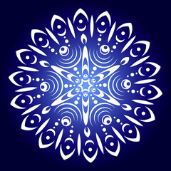 White mandala on radial gradient blue background. Round pattern, floral ornament. Beautiful symmetrical element. Antistress, relaxation