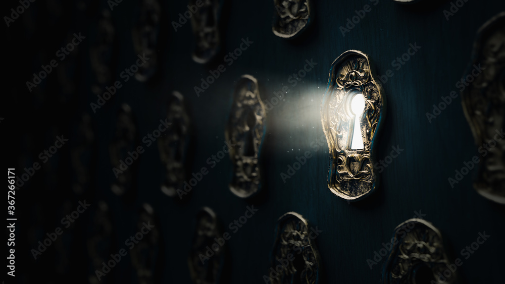 Wall mural ( 3d rendering, illustration ) light shining through a mysterious keyhole