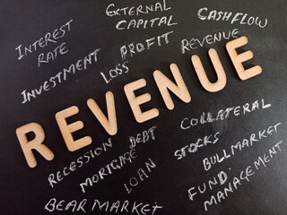 commerce subject word cloud on chalkboard for business study background.