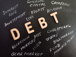 financial word cloud on chalkboard for business study background.