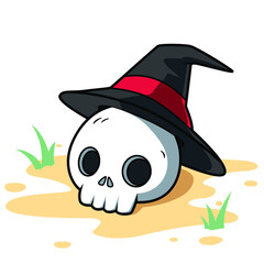 Hand drawn skull and magic hat. Halloween element.