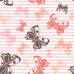 Fototapeta na wymiar Flying butterfly silhouettes over striped background vector seamless pattern.