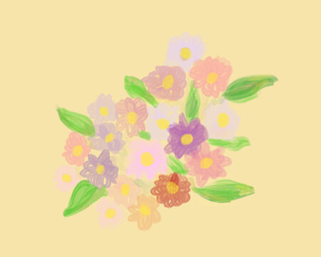 illustration of colorful flowers by free hand water color paint on yellow background