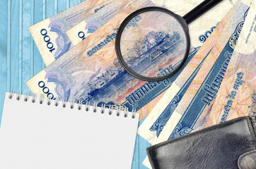 1000 Cambodian riels bills and magnifying glass with black purse and notepad. Concept of...