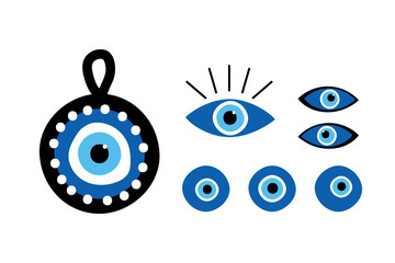 Set, collection of turkish blue eye-shaped amulets, nazar amulets, evil eye protection talismans.