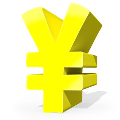 A puffy yen sign in yellow over a white background. 3d render modified manually. Template for use in design.