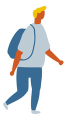 Walking Man, Guy with backpack Flat Vector Character 