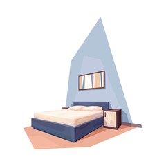 low poly bed room interior, double bed, nightstand, picture, vector illustration