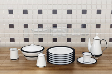 Concept image for interior design for kitchen counter, Kitchen plate set .preparing table in a kitchen. vintage mosaic tiles kitchen wall. 3d illustration