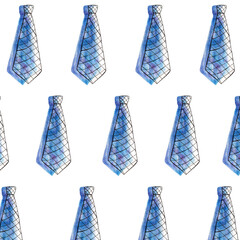 Men apparel seamless pattern of hand drawn watercolor broad blue neckties isolated on white. Formal wear  accessory. For fabric or textile. Business card invitation wrapping paper.Father's day present