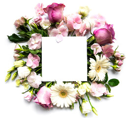Pink flowers in frame with white square for text