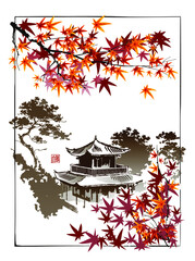 Tempel, Pagode auf dem Hintergrund von Ahornzweigen. Die Bedeutung des Siegels ist der Name des Autors, Hieroglyphen White Wolf. Vektorillustration im orientalischen Stil. © shark192009