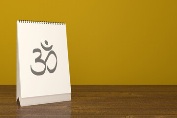Hindu calendar with Om sign on the table. Concept image for India culture and festival days with copy space for text, 3d illustration