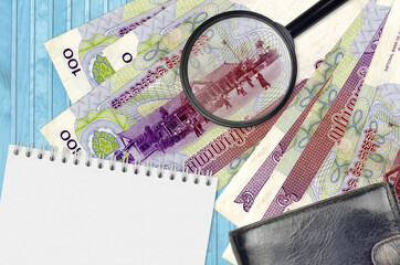 100 Cambodian riels bills and magnifying glass with black purse and notepad. Concept of counterfeit...
