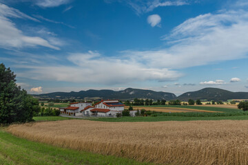 Fototapeta na wymiar Fields and meadows near Maiersdorf village in Austria