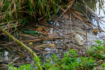 Floating bottles and tack in the reeds on the water surface of the lake.