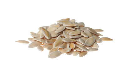 Pile of raw melon seeds on white background. Vegetable planting