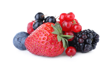 Pile of different ripe tasty berries isolated on white