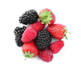 Pile of blackberries, raspberries and strawberries isolated on white, top view