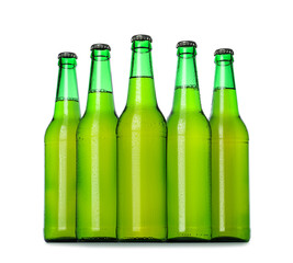 Green bottles with beer isolated on white
